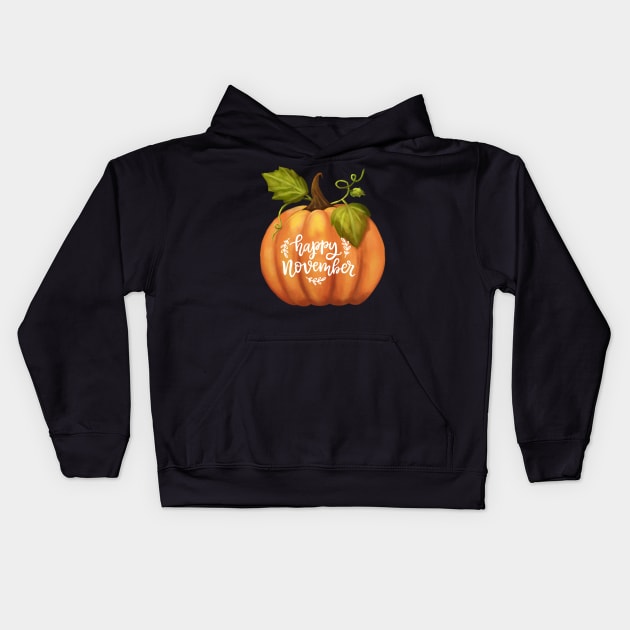 Happy November Fall Season Pumpkin Halloween Thanksgiving Kids Hoodie by BellaPixel